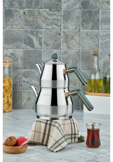 Everest 18/10 Paslanmaz Çelik Orta Boy Çaydanlık 0,75 L Demlik 1,75 L Alt Hazne Yeşil