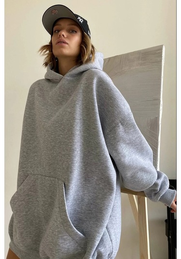 Madmext Grimelanj Kapüşonlu Şardonlu Oversize Sweatshirt Mg1566 Gri Melanj