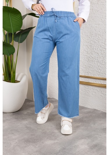 Beli Lastikli Keten Pantolon - Açık Mavi / A0104 Açık Mavi