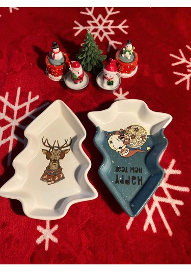 Yılbaşı Temalı 2'li Ağaç Tasarımlı Desenli Seramik Sunum Servis Tabağı 17x12 Cm Geyikli Ve Noel Babalı