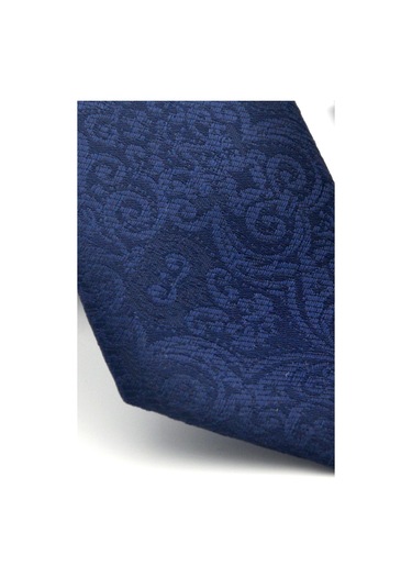 Şal Desenli Lacivert Dokuma Kumaş Mendilli Slim Fit Kravat // Sdk-2506-2 Lacivert