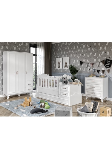 KznHome Kartopu Country Tarzı Bebek Odası Takımı - 3 Parçalı Tamamı MDF Beyaz