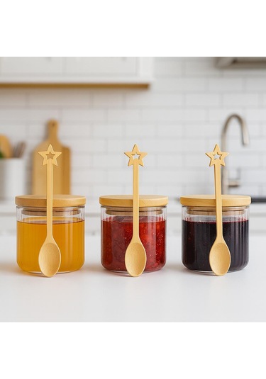 3 Lü Bambu Kasıklı Bambu Kapaklı Borosılıkat Cam Kahvaltılık 90 X 60 Seti Beyaz