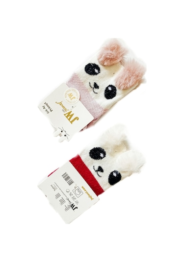 Kız Bebek 0-6 Ay Kedi Figürlü Peluş Tüy Kulaklı Çorap 2 Adet Çok Renkli