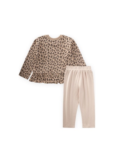 Desenli Uzun Kollu T-shırt Takım 1-8 Yaş Bej Bej