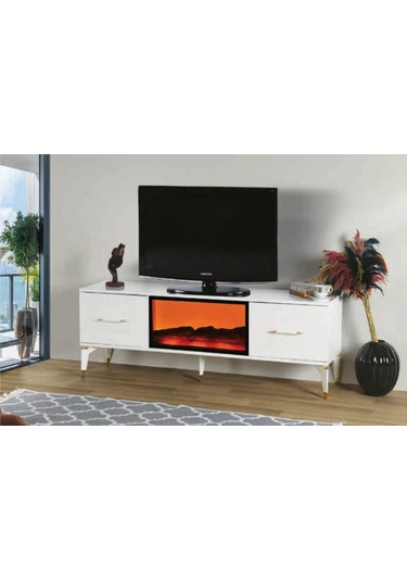 Bera Beyaz - Gold Çam Şömineli İnci Tv Sehpası Beyaz - Gold