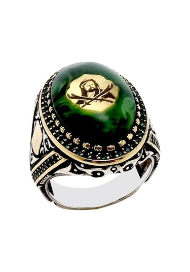 Hz. Ali Ve Zülfikar Motifli Sıkma Kehribarlı Gümüş Erkek Yüzük