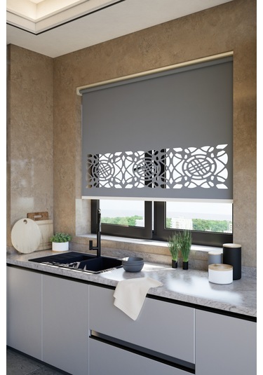 Lazer Kesim Mat Stor Perde, Lazer Kesimli Klasik Serisi, C-6005 Gri Renk Antrasit