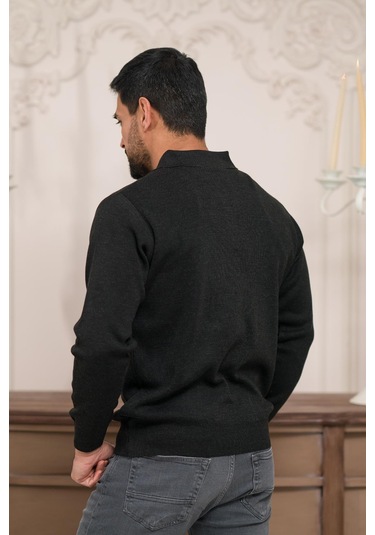 Woolen World Polo Yaka Düz Renk Yünlü Erkek Triko Kazak Antrasit