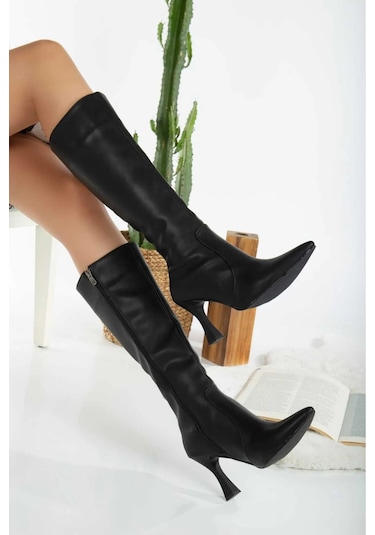 Beyaz Lili Oc Shoes Sivri Burun Fermuarlı Topuklu Çizme Siyah Siyah