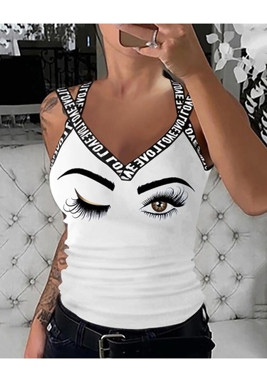 Ahes Shopping Kadın Çapraz Şeritli Göz Baskılı Viskon Bluz Beyaz