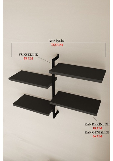 Aju 4 Katlı Duvar Rafı Metal Çerçeveli Dekoratif Kitaplık Ve Raf Ünitesi Modern Ve Minimalist Tasarım Siyah