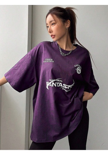 Fantastıc Süprem T-shirt -mor Baskılı Oversize Bisiklet Yaka Tişört Mor
