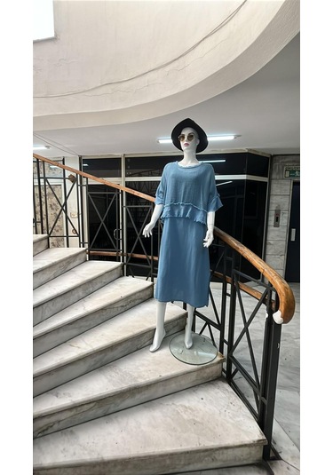 İtalyan Saçak Detaylı Müslin Keteni Yırtmaçlı Elbise - Bluz & 2'li Takım-9905 Koyu İndigo