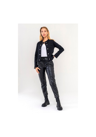 Bold & Young Kadın Yağ Yeşili Power Strech Çıt Çıtlı Slim Fit Denim Ceket Siyah