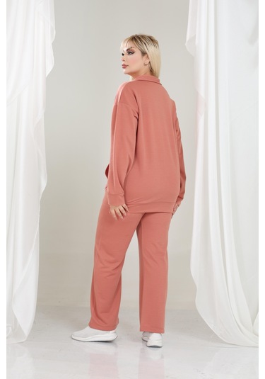 Kadın Büyük Beden Fermuarlı Uzun Kollu Rahat Günlük Eşofman Takım Somon