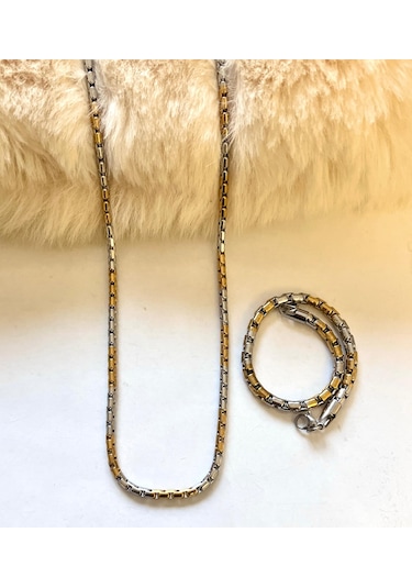 Gold&gümüş Mixli 1.sınıf Örme Çelik Unisex Kolye Ve Bileklik Set