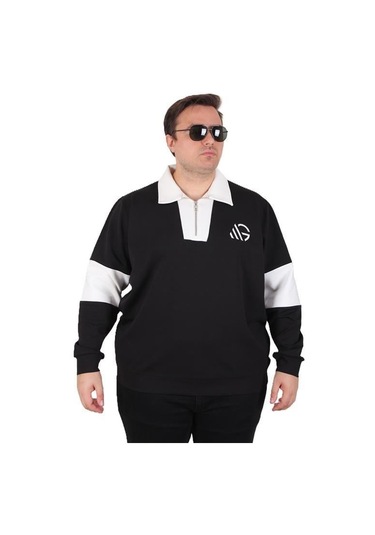 Starbattal Büyük Beden Polo Yaka Fermuarlı Sweat Double Face 25709 Sıyah Siyah