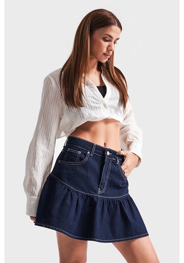 Itsbasic Kadın Koyu Mavi Renk 1s5-50 Volanlı Süper Mini %100 Koton Denim Etek