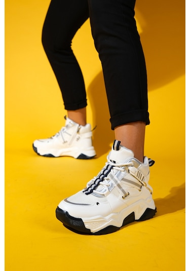 Clara Beyaz Laci Fermuarlı Ve Bağcıklı Kadın Spor Bot Beyaz - Lacivert