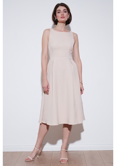 Lela Bisiklet Yaka Regular Fit Cepli Pileli Midi Bayan Elbise 6051963 Taş