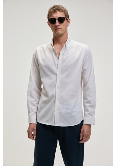 Grımelange Lasse Erkek Gömlek Yaka Manşetli Uzun Kollu Regular Fit Bej Gömlek Bej