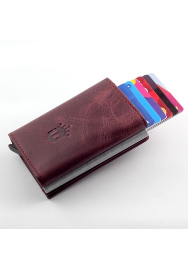 Ancora Leather Crazy Hakiki Deri Erkek Cüzdanı Mekanizmalı Bordo