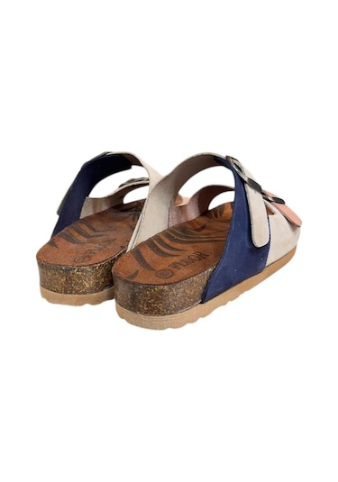 Lacivert Multi Hakiki Deri Nubuk Çift Bant Tokalı Mantar Taban Terlik Lacivert