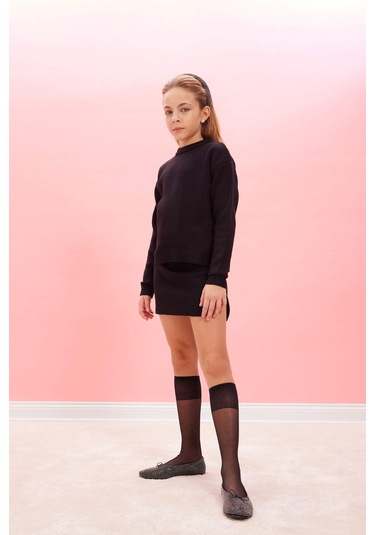 DeFacto Kız Çocuk Siyah Bisiklet Yaka Yırtmaçlı Triko Kazak D1394A824WNBK27 Siyah