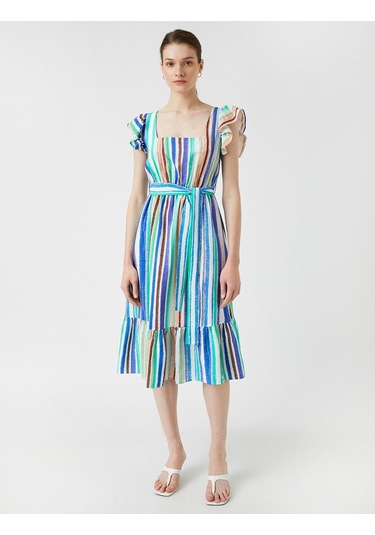 Koton Midi Boy Elbise Kuşaklı Fırfırlı Yeşil Çizgili 2sak80335ew 2SAK80335EW7S7 Yeşil