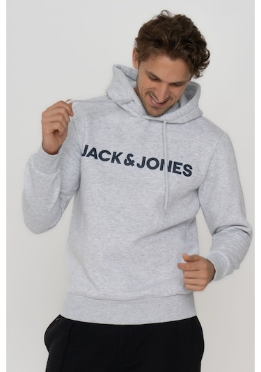 Jack & Jones Erkek Logo Baskili Kapüsonlu Sweatshirt - Deldrick 12193083 White Melange Siyah