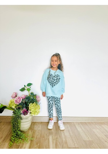 Kız Çocuk Çiçek - Leopar Detaylı 3 İplik Alt Üst Takım Sweatshirt + Tayt Mint