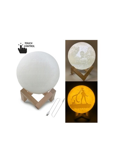 Sones Özelleştirilmiş Dokunmatik Anahtar 2 Renkli 3d Baskı Ay Lambası Usb Şarjı Ahşap Tutucu Tabanlı Enerji Tasarruflu Led Gece Lambası, Çap: 18cm Çok Renkli