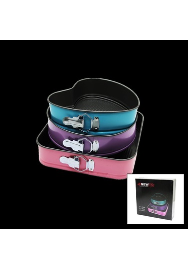 3 Parça Set Metal Kek Kalıp Kelepçeli Kalp - Kare - Yuvarlak 5365 Çok Renkli