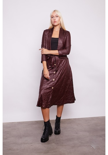 Kraş İnce Deri Yüksek Bel Yan Cepli Kiloş Uzun Etek-Mürdüm