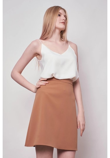 Yüksek Bel Hafif Likralı Kumaş Diz Boy Çan Etek-camel CAMEL