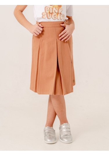 Kız Çocuk Gabardin Pileli Keten Etek 2958 Bej