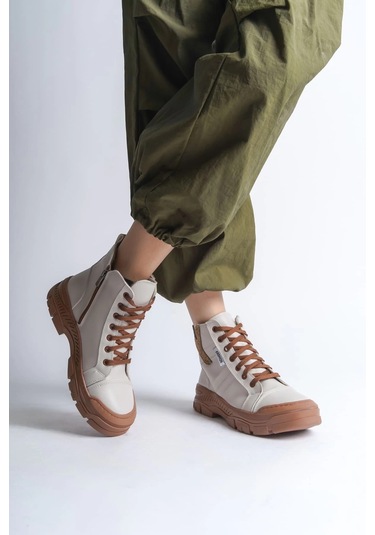 Amber Bağcıklı Fermuarlı Ortopedik Taban Kadın Bot Ctt - Krem Krem