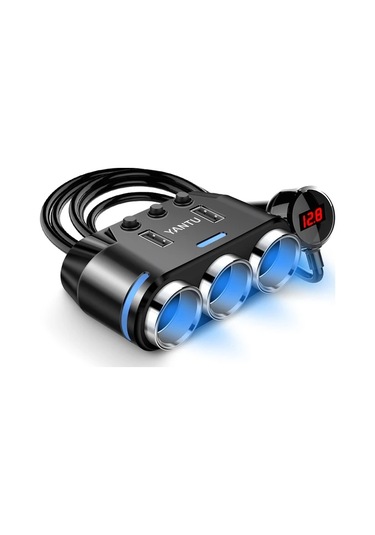 Fochsia Kablolu Siyah Akıllı 3'lü Oto Çakmaklı Usb Şarj Aleti Led Voltaj Göstergeli Araç Şarj Adaptörü