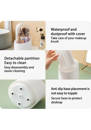 Sones Qy7155 Makyaj Fırçaları İçin Şeffaf Döndürülebilir Toz Geçirmez Saklama Kovası Beyaz