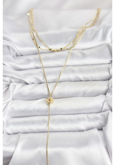 Pirinç Gold Renk Düğüm Model Detaylı 3'lü Kombin Y Kadın Kolye - Tj-bko10693 Gümüş