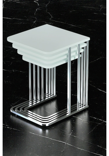 4'lü Tekerlekli Zigon Sehpa Gümüş Ayak Beyaz 18mm Mdf