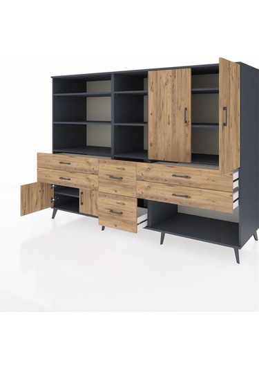 Kronos Dolap 10 Raflı 6 Çekmeceli 4 Kapaklı 220x59x163 Antrasit-ç Antrasit-çam