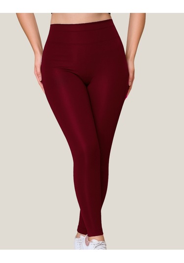 Toparlayıcı Yüksek Bel Kadın Günlük Spor Parlak Tayt Bordo