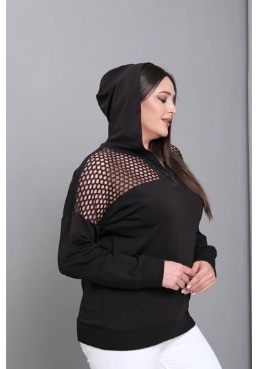 Yakası Taşlı File Detaylı Sweatshirt Siyah