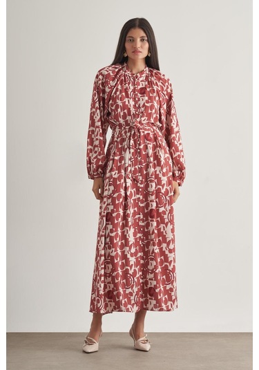 Mizalle Keten Dokulu Naturel Desenli Uzun Yazlık Elbise Çok Renkli