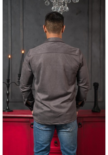Advante Regular Fit Likralı Çift Cepli Pamuklu Astarsız Süet Gömlek Antrasit