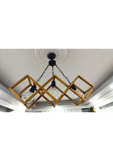 Doğal Eskitme 3'lü Ahşap Kare Çerçeveli Avize Siyah Zincir Askı