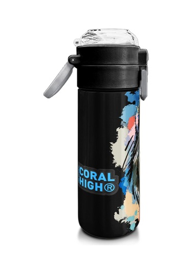 Coral High Kids Gri Siyah Kurt Desenli Pipetli Ve Direkt İçim Çelik Termos 500 Ml 31832 Gri