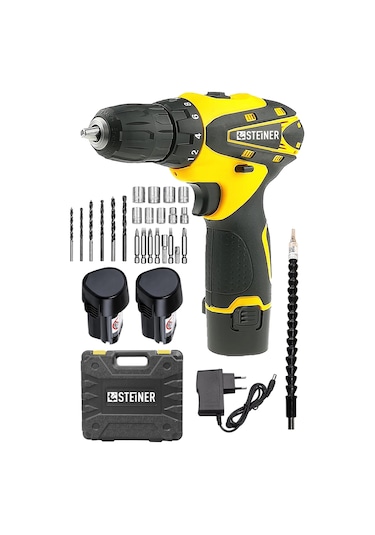 Steiner 36 V Sjs Çift Metal Şanzıman Çift Akülü Şarjlı Vidalama Matkap + 24 Parça Set Sarı